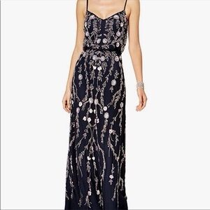 Adrianna Papell Floral Beaded Blouson Gown Navy/Multi Size 2
